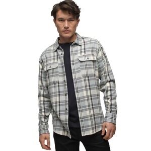 PRANA MENS XL SHIRT WESTBROOK FLANNEL WHITE GREY PLAID GORPCORE HIKING NWT